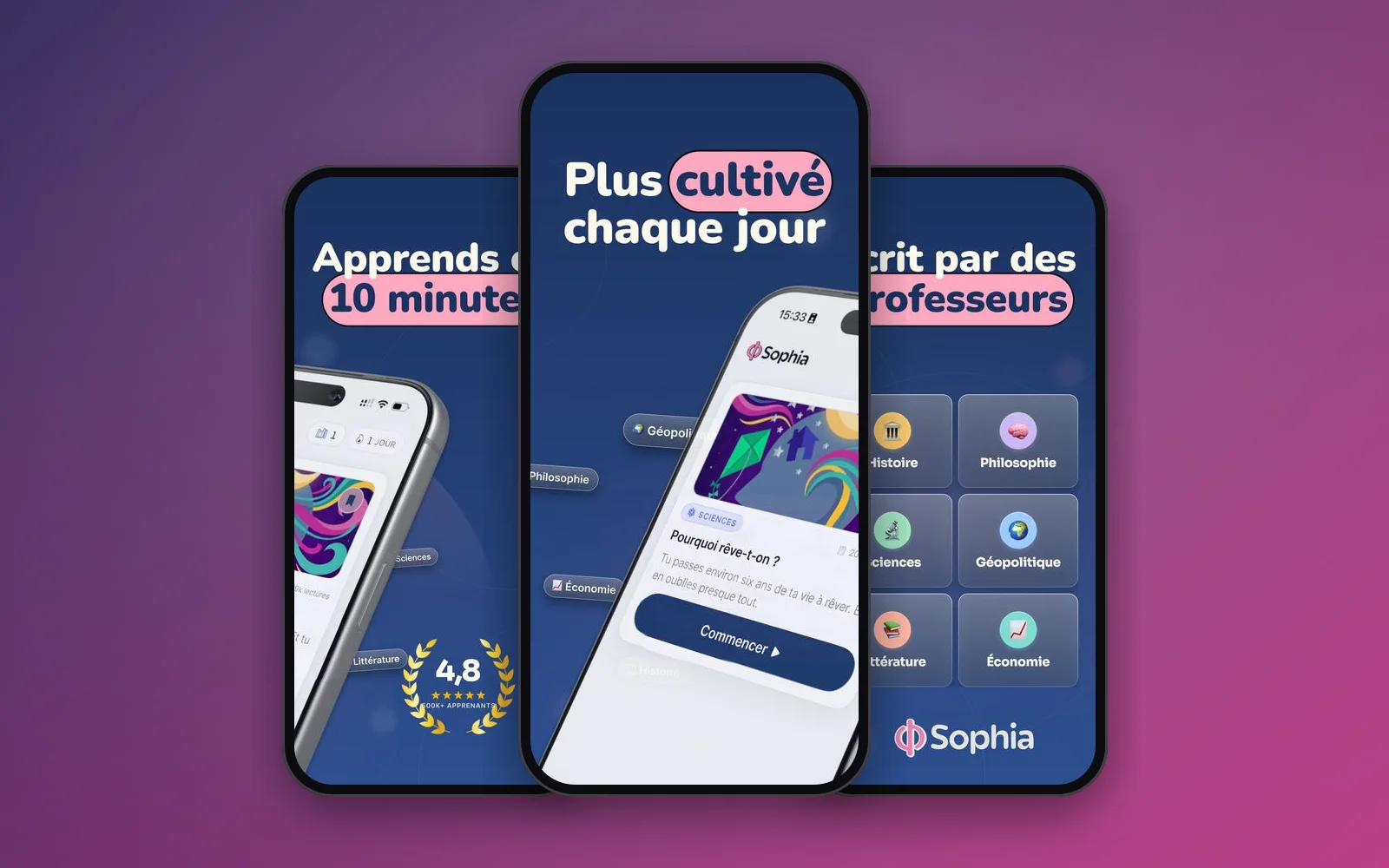 Écrans de l’application Sophia : Culture Générale
